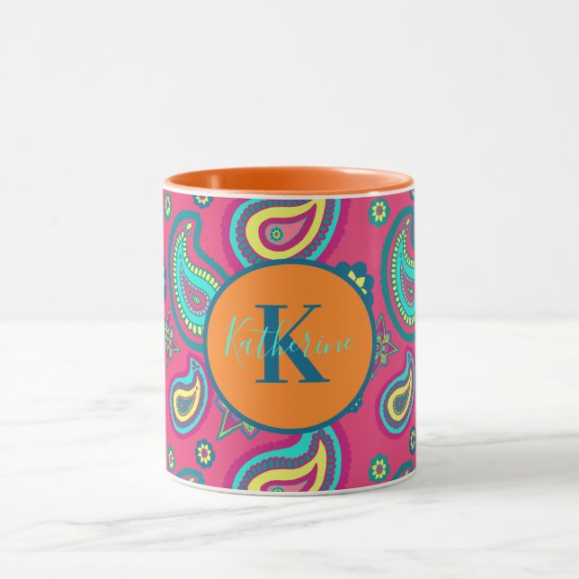 Bohemian Pink Paisley Pattern Custom Name Monogram Mug (Center)