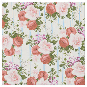 Bohemian pink roses flowers pastel blue stripes fabric