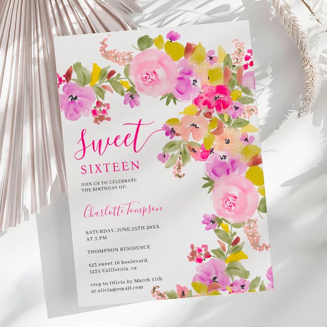 Bohemian pink roses wildflowers spring sweet 16 invitation (Bohemian pink roses wildflowers spring sweet 16 invitation)
