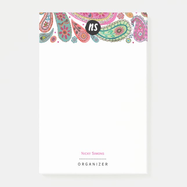 Bohemian Pink & turquoise Floral Paisley Post-it Notes (Front)