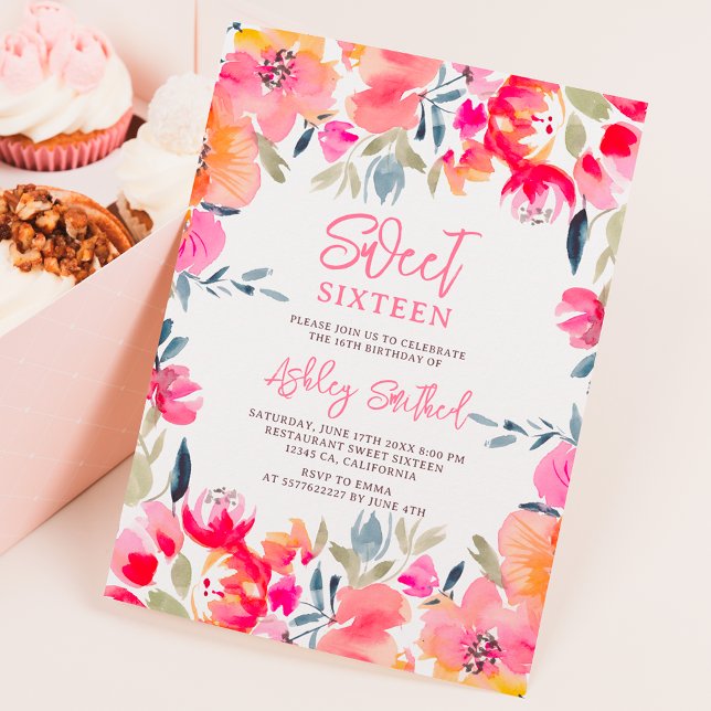 Bohemian pink watercolor flowers Sweet 16 birthday Invitation (Bohemian pink watercolor flowers Sweet 16 birthday Invitation)