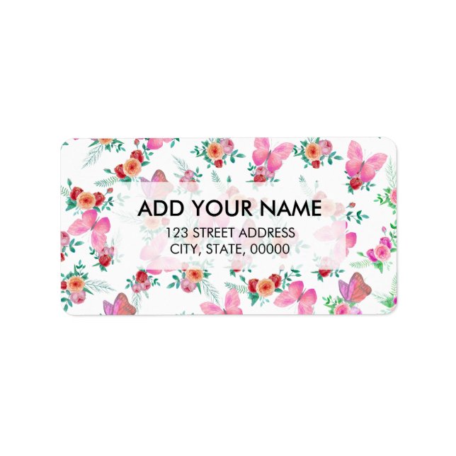 Bohemian pink watercolor roses flowers butterfly label (Front)