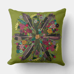 bohemian posy green throw pillow