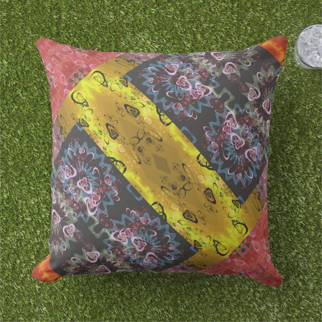 Bohemian Psychedelic Patchwork Outdoor Pillow (Grass)