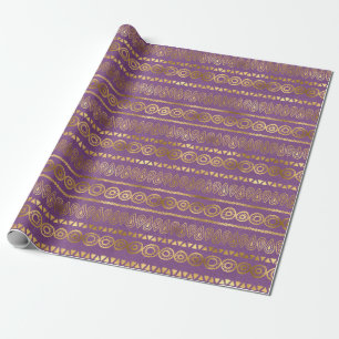 Bohemian Purple and Gold Foil Peacock Pattern Wrapping Paper