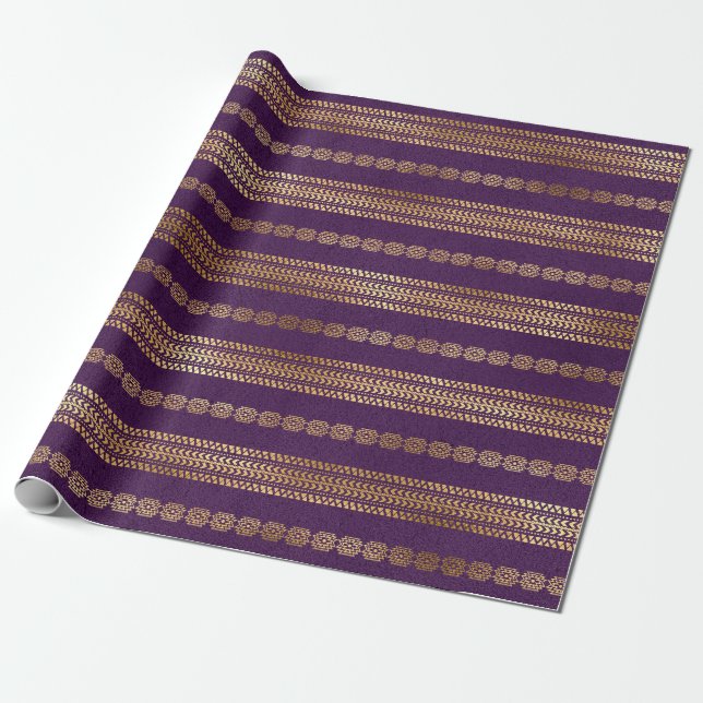 Bohemian Purple and Gold Foil Peacock Pattern Wrapping Paper (Unrolled)