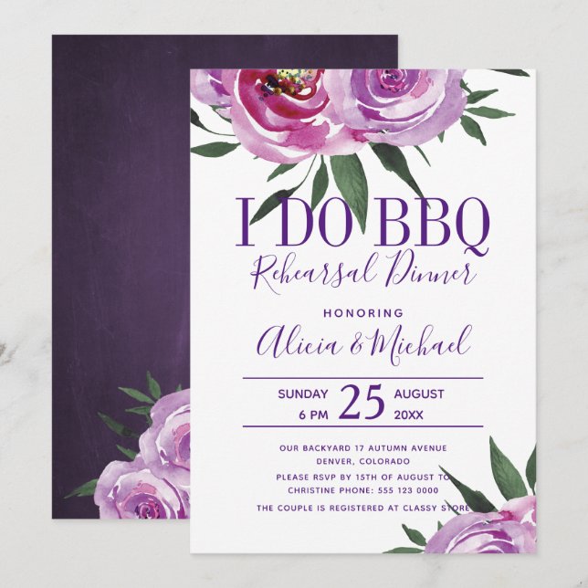 Bohemian purple i do bbq wedding rehearsal dinner invitation (Front/Back)