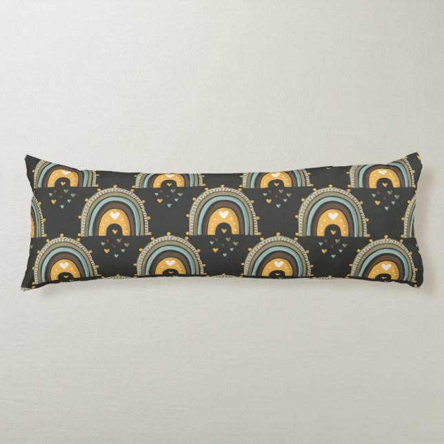 Bohemian Rainbow Pattern – Earthy Brown Background Body Pillow (Front)