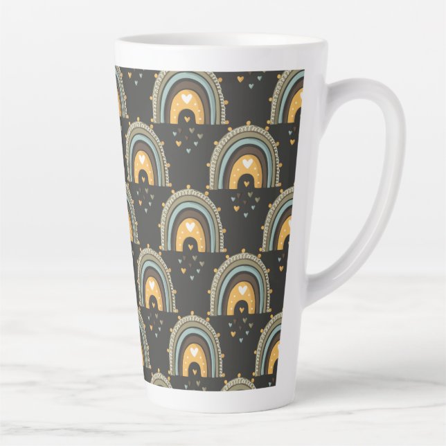 Bohemian Rainbow Pattern – Earthy Brown Background Latte Mug (Right)
