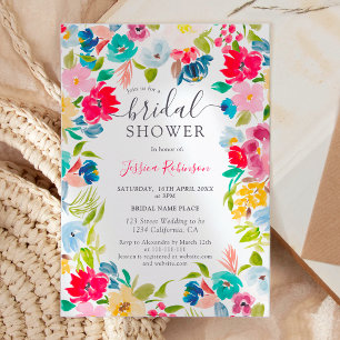 bohemian red blue floral photo bridal shower invitation