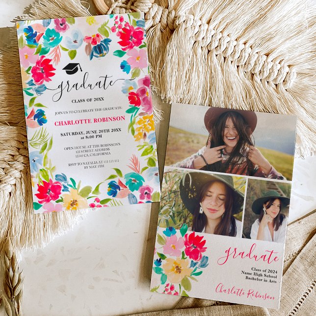 bohemian red blue floral photo graduation invitation (bohemian red blue floral photo graduation invitation)