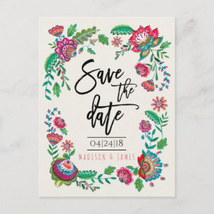 Bohemian Red & green Folk Flowers Save the Date Announcement Postcard