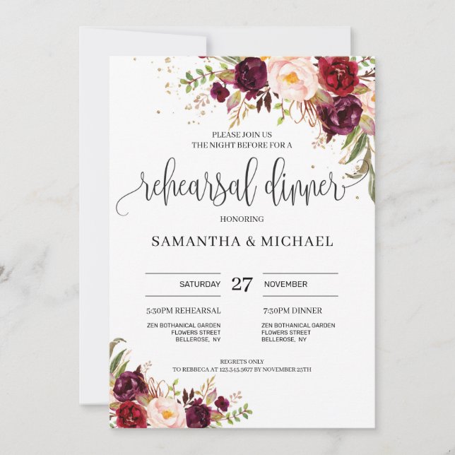 Bohemian red marsala blush pink rehearsal dinner invitation (Front)