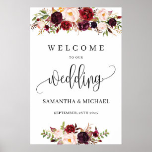 Bohemian red marsala floral blush wedding welcome poster