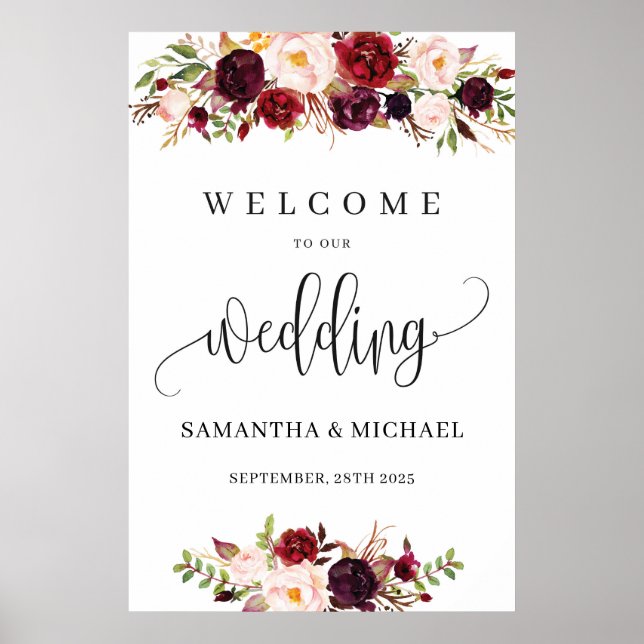 Bohemian red marsala floral blush wedding welcome poster (Front)