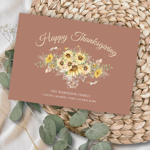 Bohemian Rose Floral Sunflowers Happy Thanksgiving Holiday Card