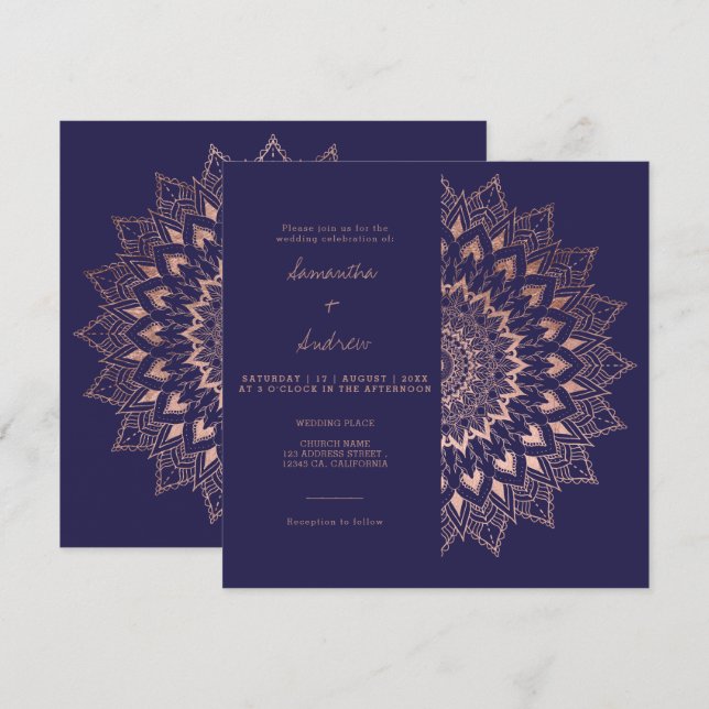 Bohemian rose gold floral mandala navy wedding invitation (Front/Back)