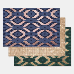 Bohemian Rose Gold Navy Blue Ikat Pattern Wrapping Paper Sheet