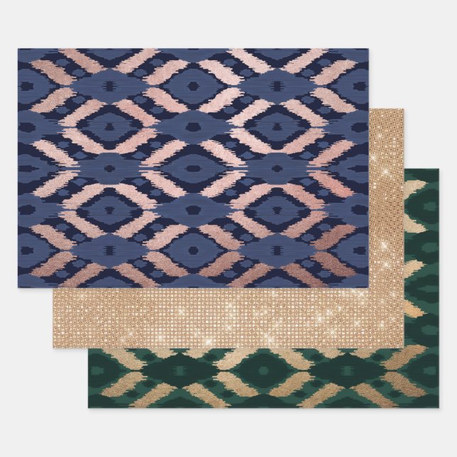 Bohemian Rose Gold Navy Blue Ikat Pattern Wrapping Paper Sheet (Set)