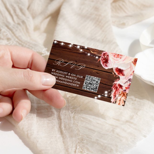 Bohemian Rose Rustic Wood Wedding QR Code RSVP Enclosure Card (Creator Uploaded)