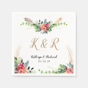 Bohemian Rustic Floral Watercolor Monogram Wedding Napkin