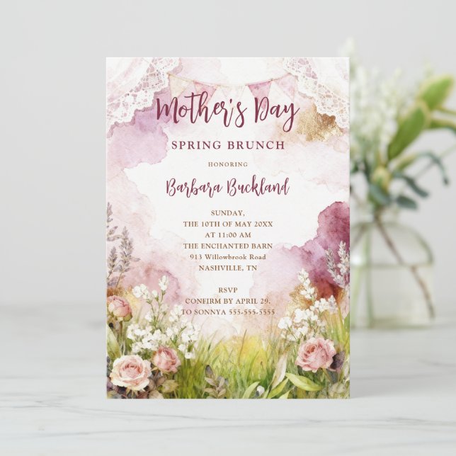 Bohemian Rustic Springtime Floral Mothers Day Invitation (Standing Front)