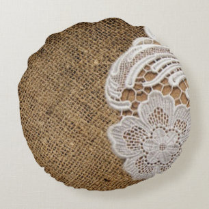 bohemian rustic western country burlap and lace round pillow