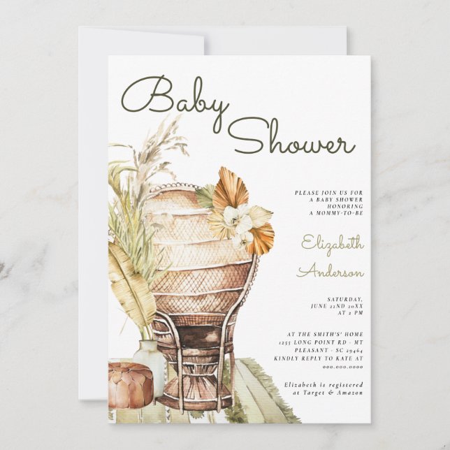 Bohemian Safari Green Pampas Boho Baby Shower Invitation (Front)