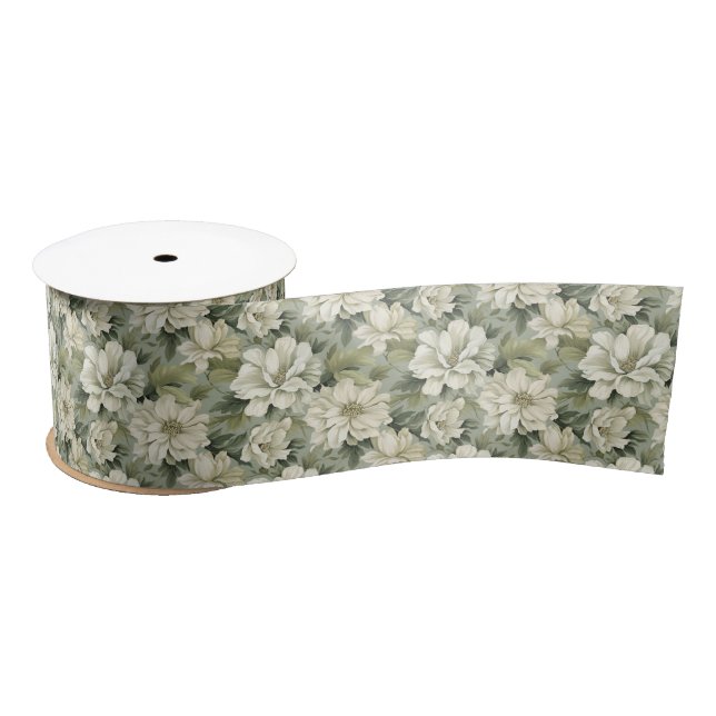 Bohemian sage green flowers satin ribbon (Spool)