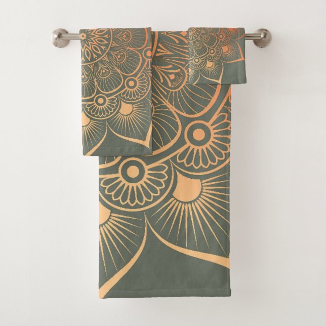 Bohemian Sage Green Peach Mandala Bath Towel Set (Insitu)