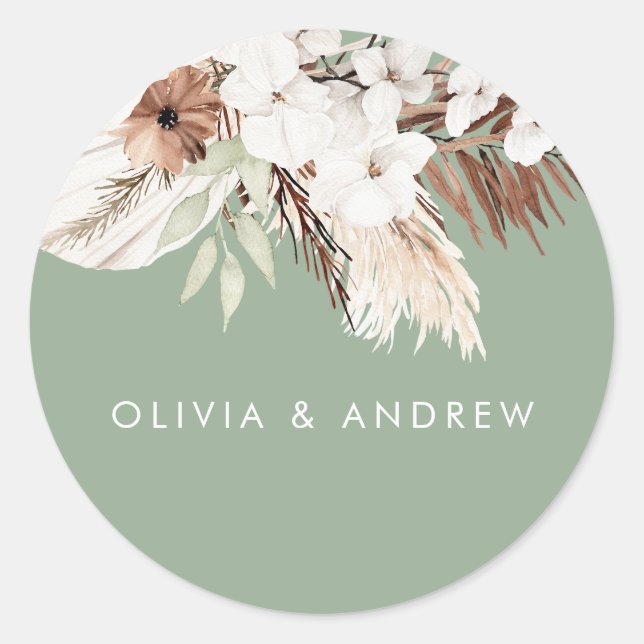 Bohemian Sage Modern Floral Wedding Name Classic Round Sticker (Front)