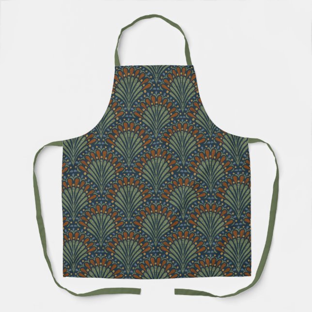 Bohemian Scallops Fan, Olive, Rust, Navy Blue Apron (Front)