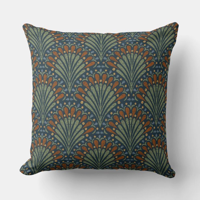 Bohemian Scallops Fan, Olive, Rust, Navy Blue Throw Pillow (Front)