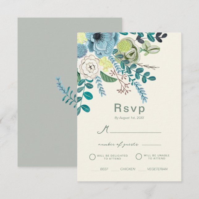 Bohemian Sea Greens Chic Floral Flowers Invitation (Front/Back)