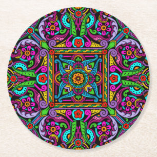 Bohemian Stained Glass Style Round Paper Coaster