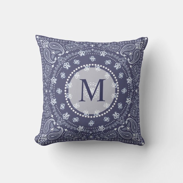 Bohemian Style Navy Blue Paisley Personalized Throw Pillow (Front)