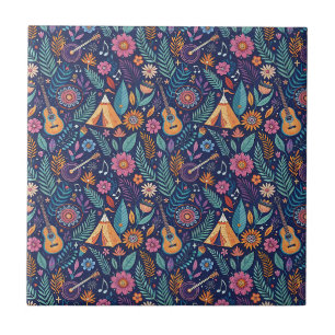Bohemian Summer Music Festival Guitar Floral Art Tile