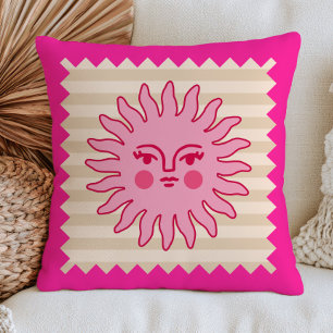 Bohemian Sun Face on Beige Stripes Fuchsia Pink Throw Pillow