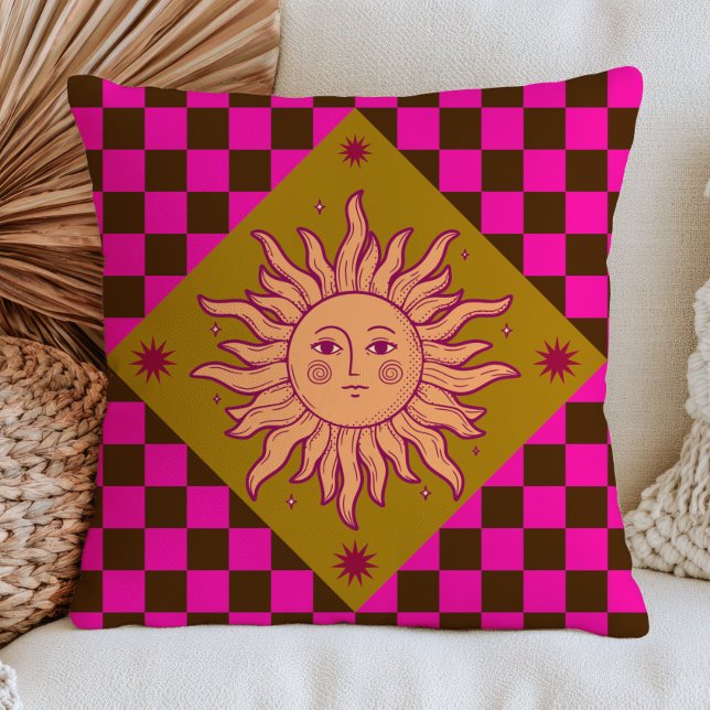 Bohemian Sun Face on Fuchsia Chequered Pattern Throw Pillow (Creator Uploaded)