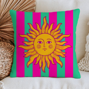 Bohemian Sun on Fuchsia Pink& Green Stripes Retro Throw Pillow
