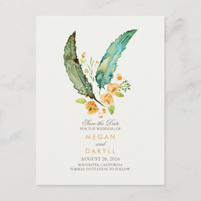 Bohemian Teal Feathers Rustic Save the Date Announcement Postcard (Front)