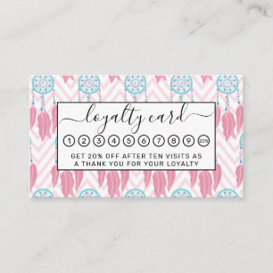 Bohemian Teal Pink Beaded Dreamcatcher Chevron Loyalty Card