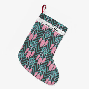 Bohemian Teal Pink Dreamcatcher Chevron Pattern Small Christmas Stocking