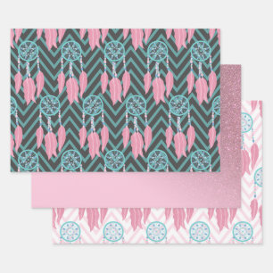 Bohemian Teal Pink Dreamcatcher Chevron Pattern Wrapping Paper Sheet