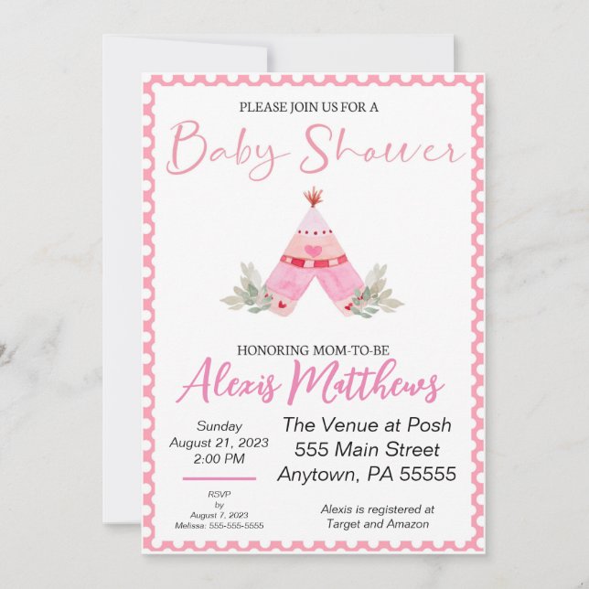 Bohemian Teepee Baby shower invitation, invite (Front)
