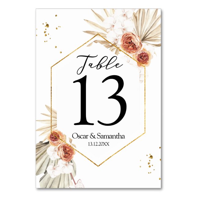Bohemian Terracotta Dried Palm Leaf & Flowers Table Number (Front)