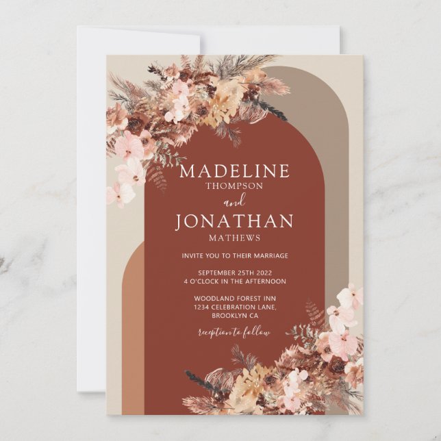 Bohemian Terracotta Floral Hydrangea Arch Invitation (Front)
