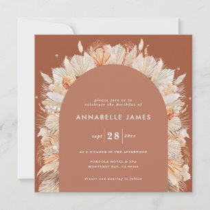 Bohemian terracotta pampas grass stylish birthday save the date