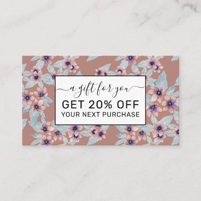 Bohemian Terracotta Pink Flowers Watercolor Discount Card (Front)