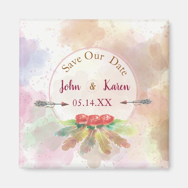 Bohemian themed feather and roses Save our Date Magnet (Front)